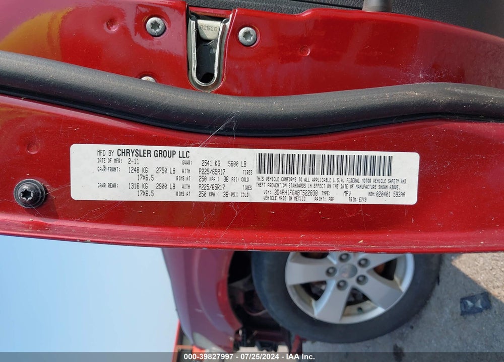 2011 DODGE JOURNEY MAINSTREET VIN: 3D4PH1FGXBT522838