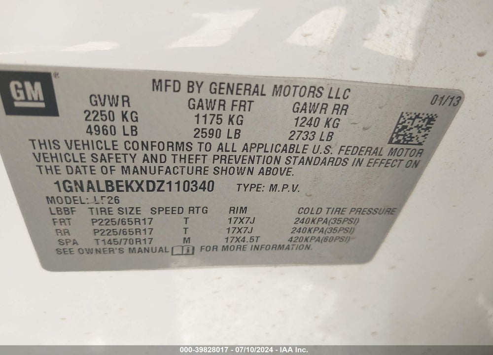 2013 CHEVROLET EQUINOX LS VIN: 1GNALBEKXDZ110340