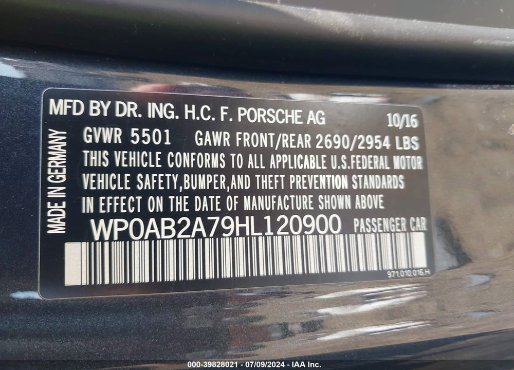 2017 PORSCHE PANAMERA 4S VIN: WP0AB2A79HL120900