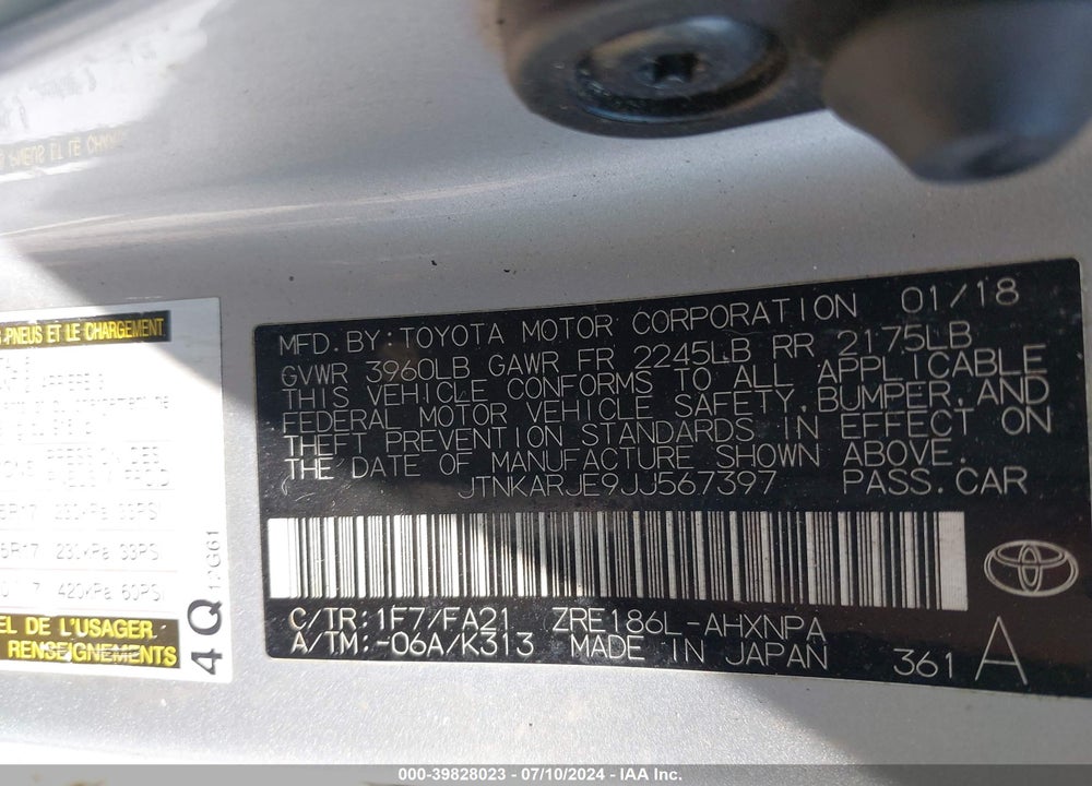 2018 TOYOTA COROLLA IM VIN: JTNKARJE9JJ567397
