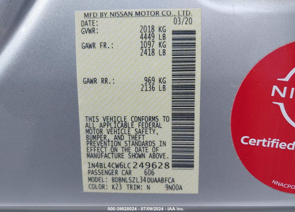 2020 NISSAN ALTIMA SR INTELLIGENT AWD VIN: 1N4BL4CW6LC249628