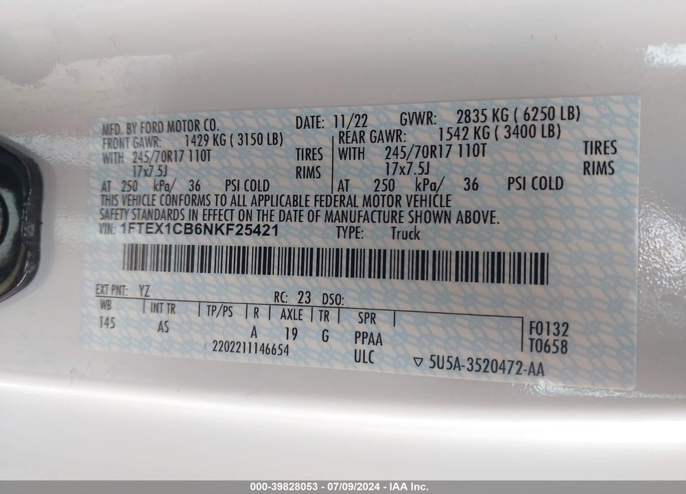 2022 FORD F-150 XL VIN: 1FTEX1CB6NKF25421