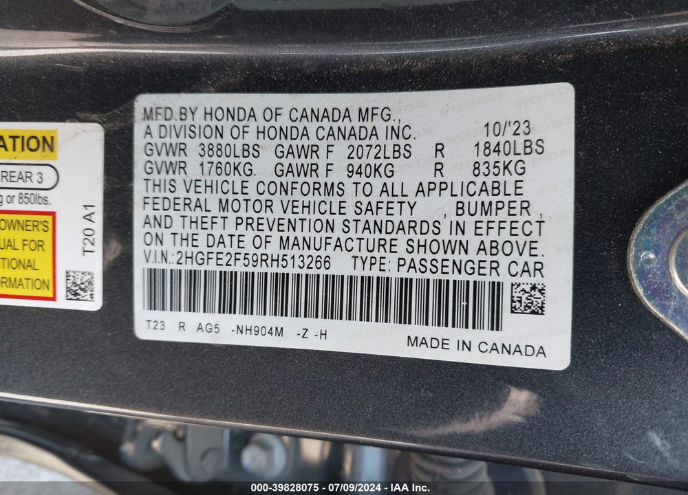 2024 HONDA CIVIC SPORT VIN: 2HGFE2F59RH513266