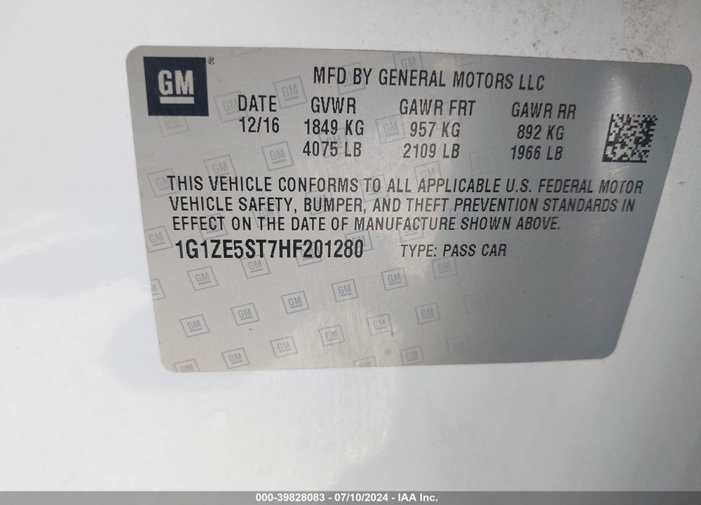 2017 CHEVROLET MALIBU 1LT VIN: 1G1ZE5ST7HF201280