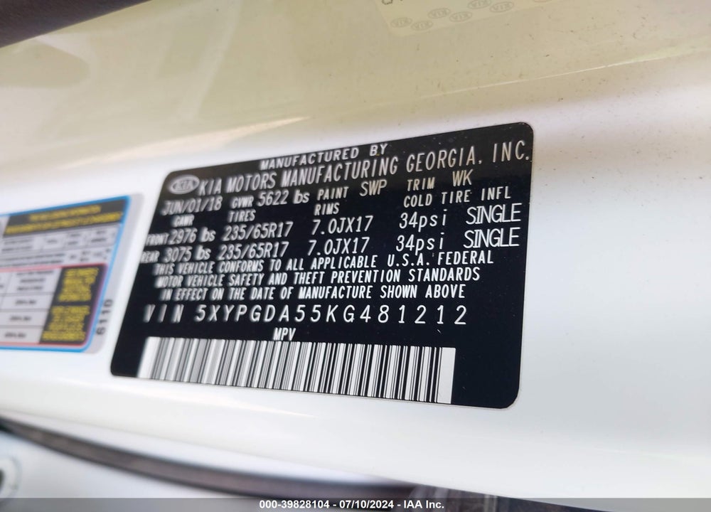 2019 KIA SORENTO 3.3L LX VIN: 5XYPGDA55KG481212