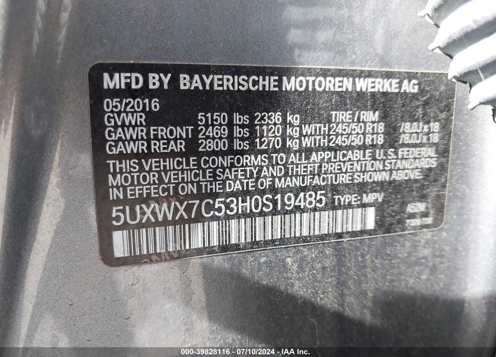 2017 BMW X3 XDRIVE35I VIN: 5UXWX7C53H0S19485
