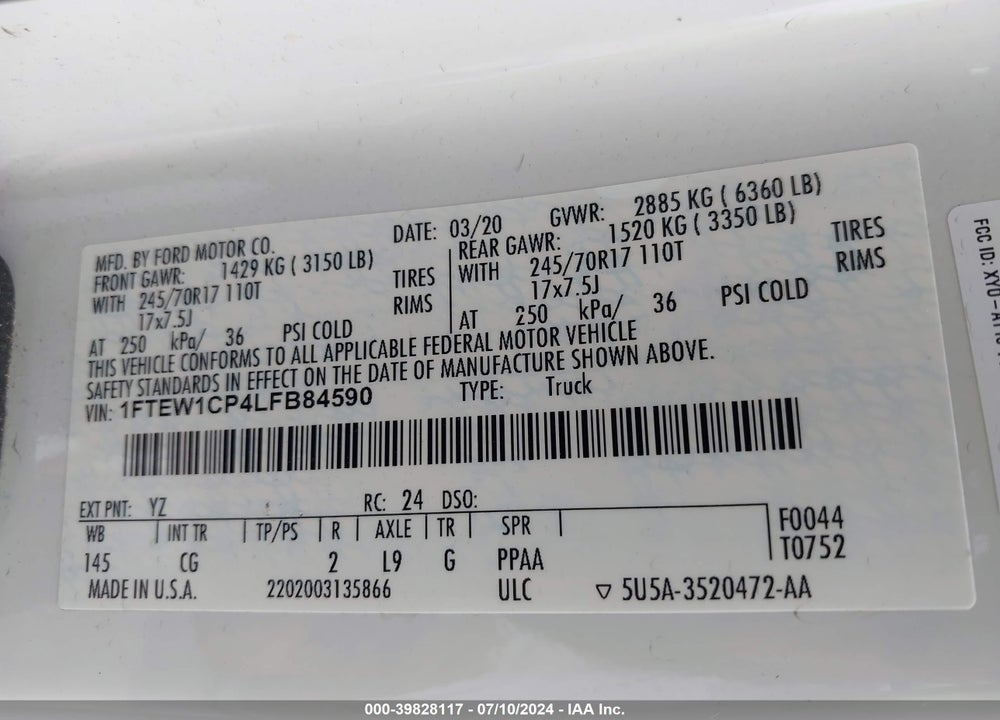 2020 FORD F-150 XL VIN: 1FTEW1CP4LFB84590