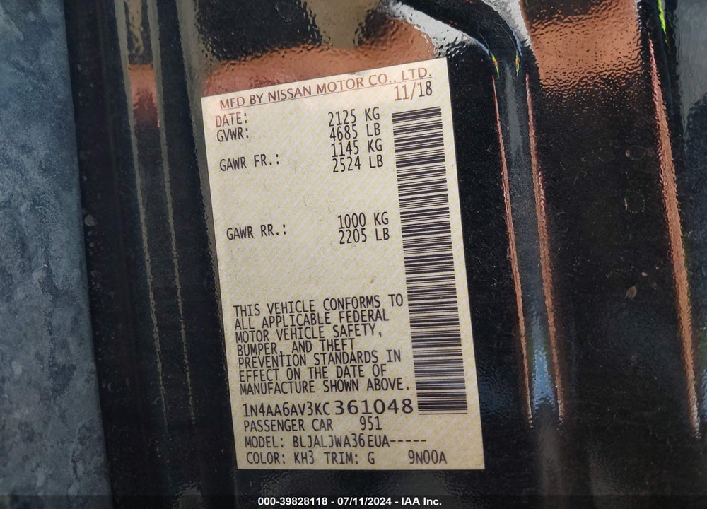2019 NISSAN MAXIMA 3.5 SV VIN: 1N4AA6AV3KC361048