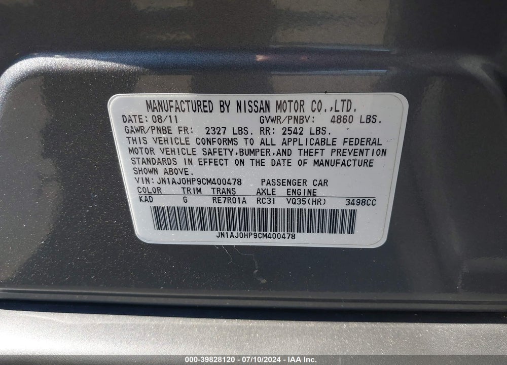2012 INFINITI EX35 JOURNEY VIN: JN1AJ0HP9CM400478