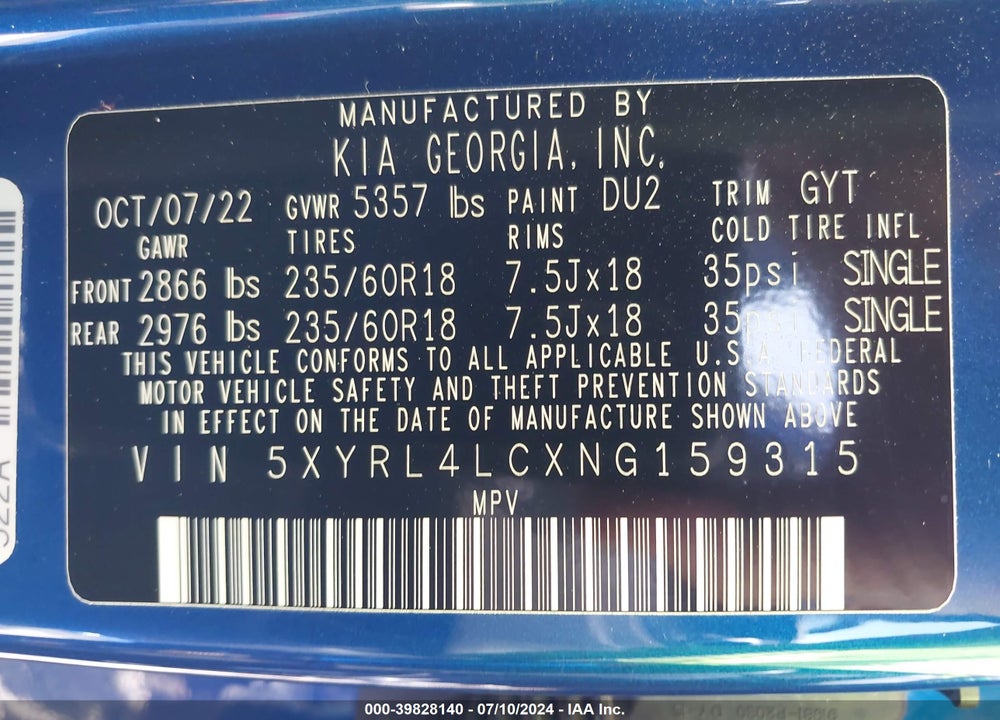 2022 KIA SORENTO VIN: 5XYRL4LCXNG159315
