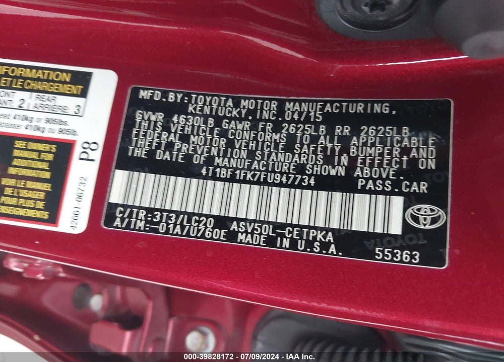 2015 TOYOTA CAMRY XSE VIN: 4T1BF1FK7FU947734