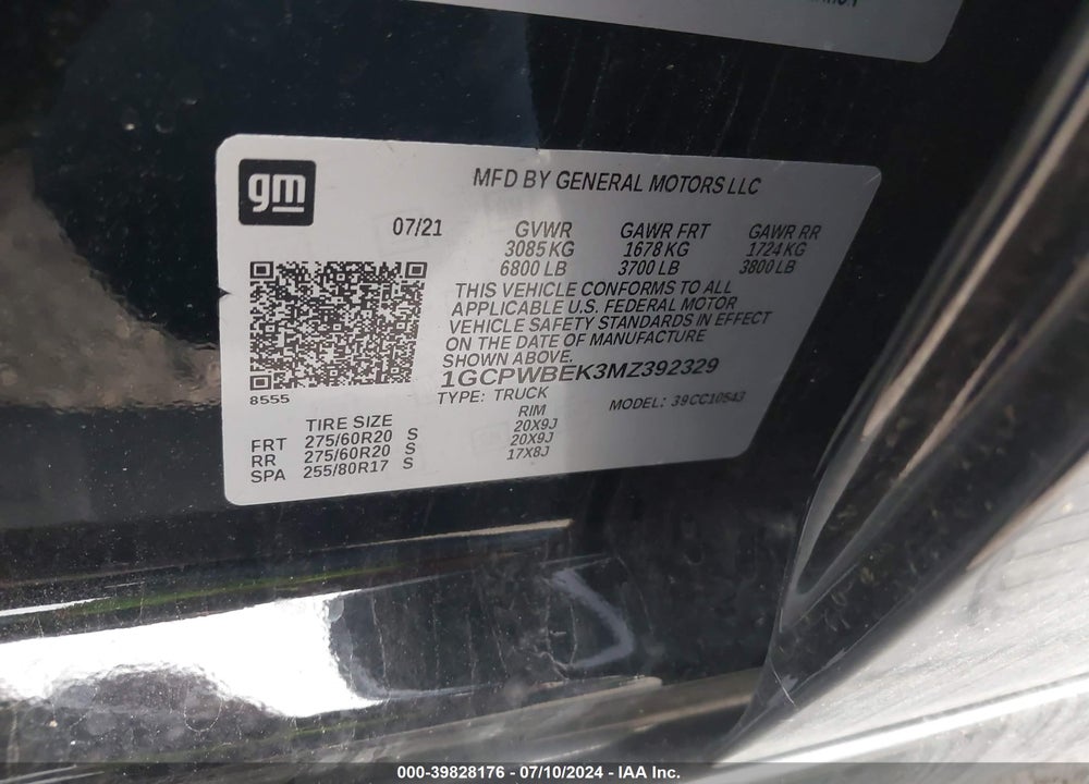 2021 CHEVROLET SILVERADO 1500 2WD SHORT BED CUSTOM VIN: 1GCPWBEK3MZ392329