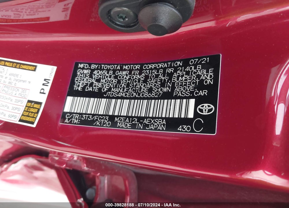 2022 TOYOTA COROLLA SE VIN: JTDS4MCE0NJ086827