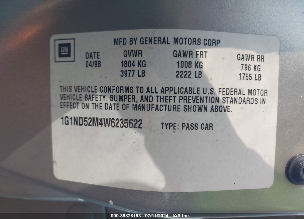 1998 CHEVROLET MALIBU VIN: 1G1ND52M4W6235622