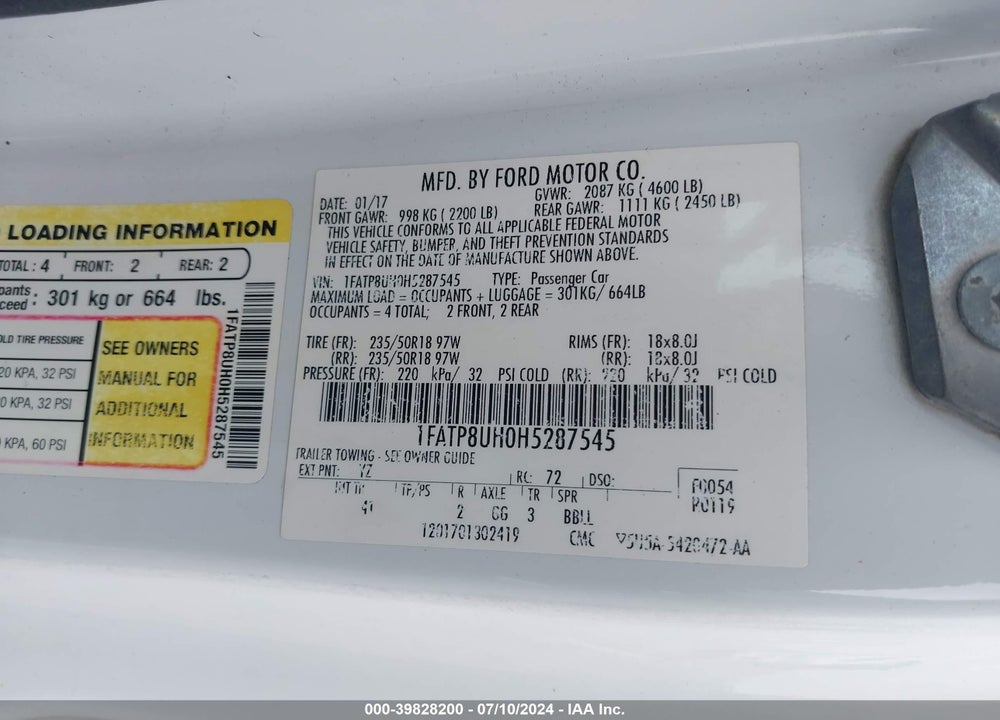 2017 FORD MUSTANG ECOBOOST PREMIUM VIN: 1FATP8UH0H5287545
