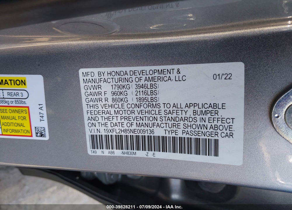 2022 HONDA CIVIC SPORT VIN: 19XFL2H85NE009136