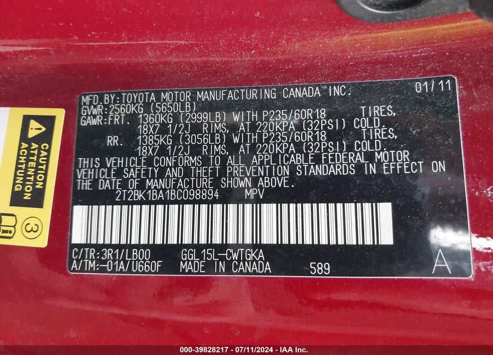 2011 LEXUS RX 350 VIN: 2T2BK1BA1BC098894