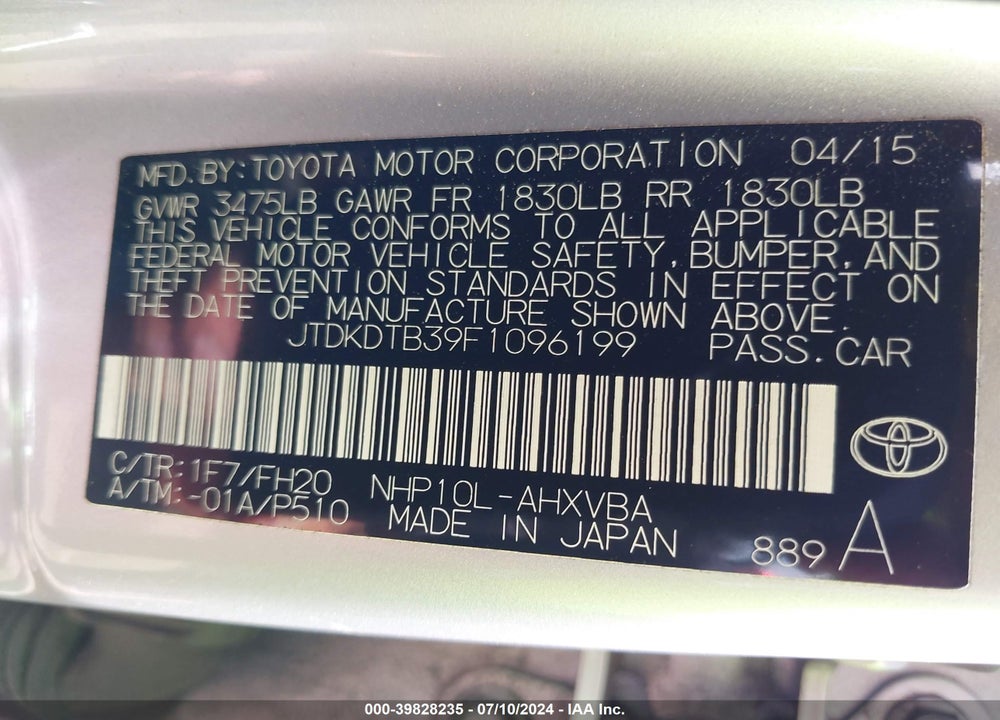 2015 TOYOTA PRIUS C ONE VIN: JTDKDTB39F1096199