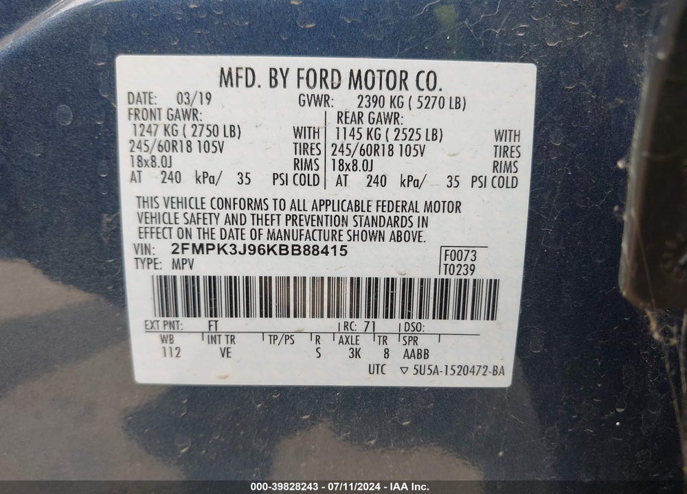 2019 FORD EDGE SEL VIN: 2FMPK3J96KBB88415