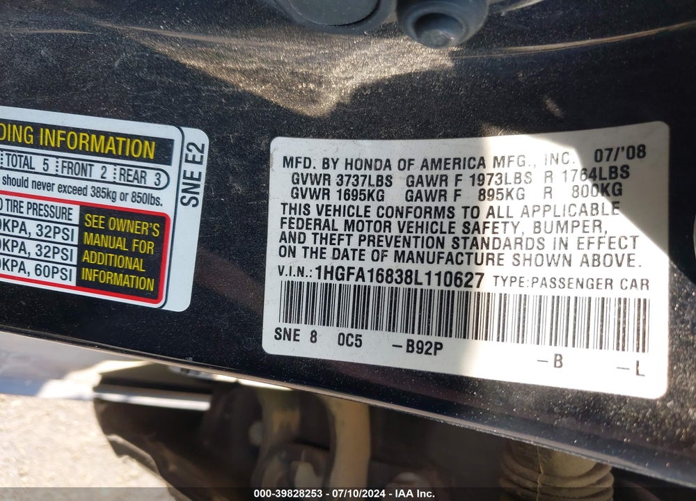 2008 HONDA CIVIC EX VIN: 1HGFA16838L110627