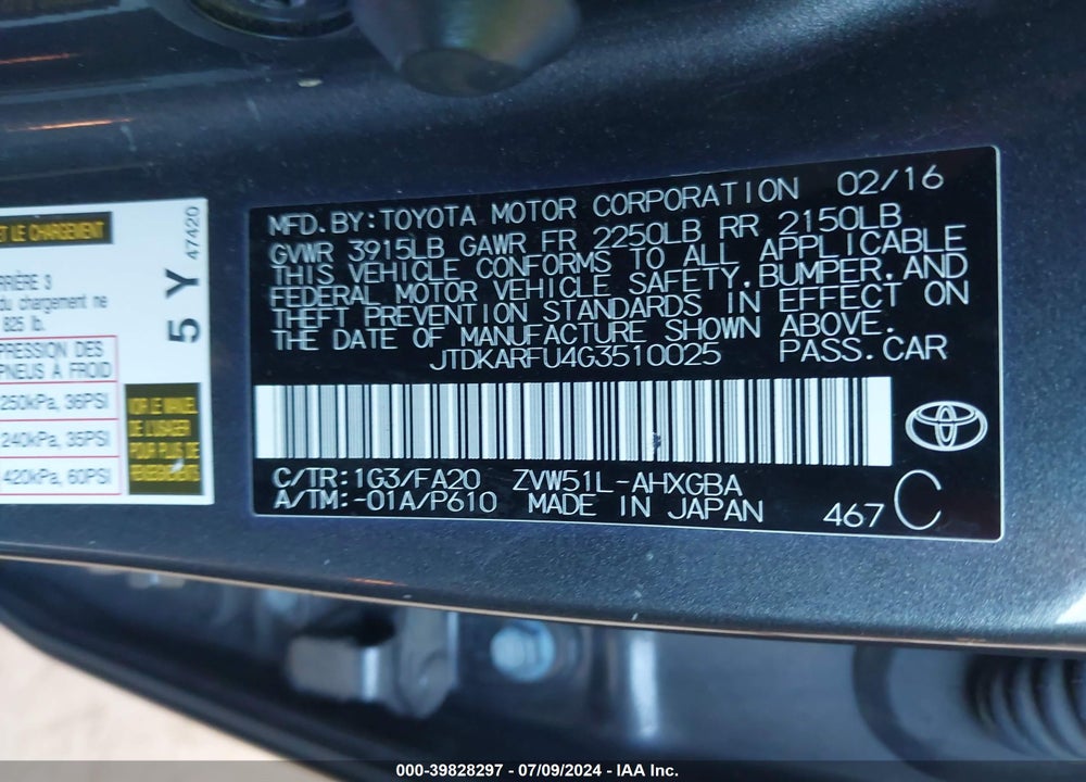 2016 TOYOTA PRIUS THREE VIN: JTDKARFU4G3510025