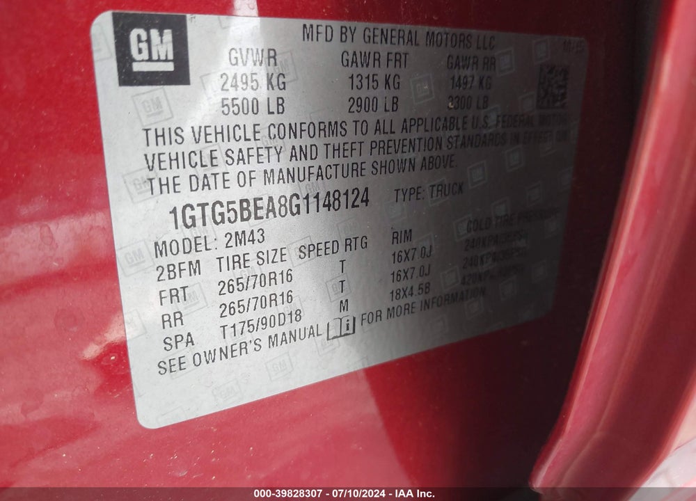 2016 GMC CANYON VIN: 1GTG5BEA8G1148124