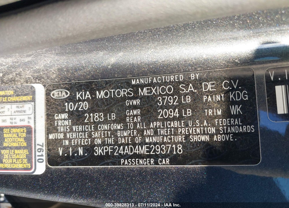 2021 KIA FORTE LXS VIN: 3KPF24AD4ME293718
