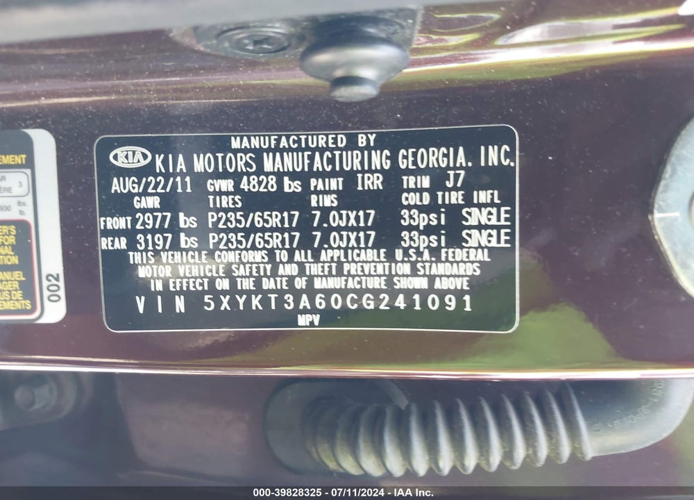 2012 KIA SORENTO LX VIN: 5XYKT3A60CG241091