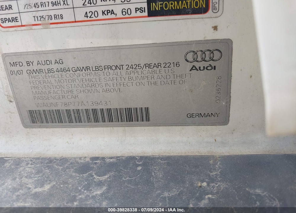 2007 AUDI A3 2.0T VIN: WAUNF78P77A139431