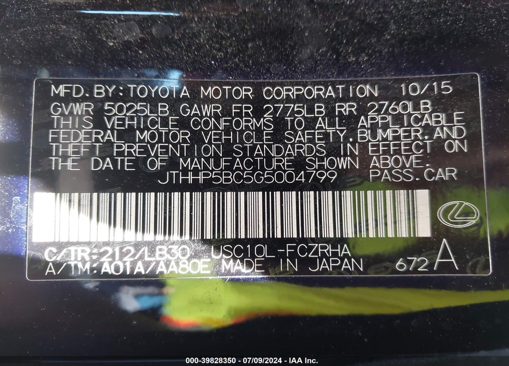 2016 LEXUS RC-F VIN: JTHHP5BC5G5004799