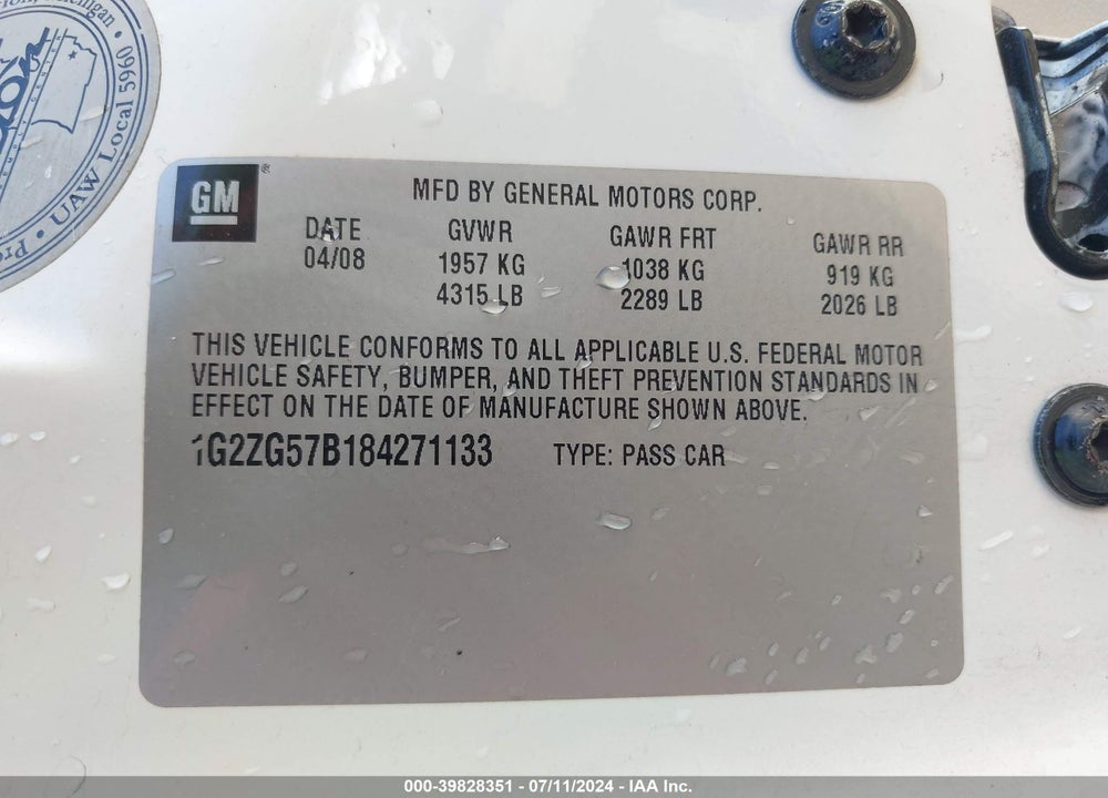 2008 PONTIAC G6 VIN: 1G2ZG57B184271133
