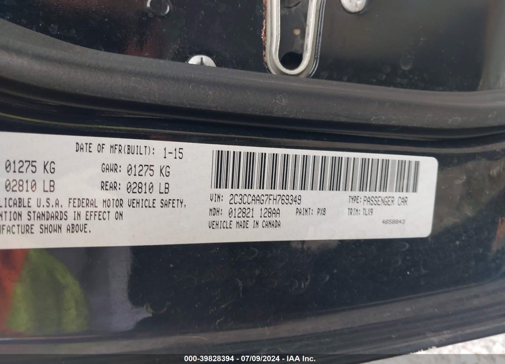2015 CHRYSLER 300 LIMITED VIN: 2C3CCAAG7FH769349