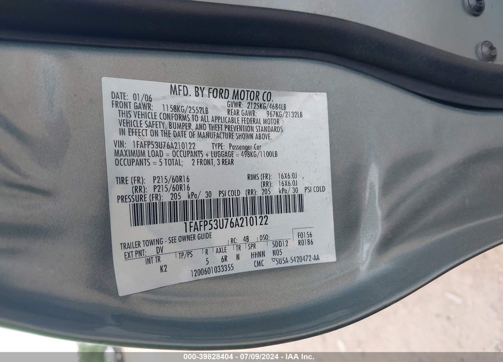2006 FORD TAURUS VIN: 1FAFP53U76A210122