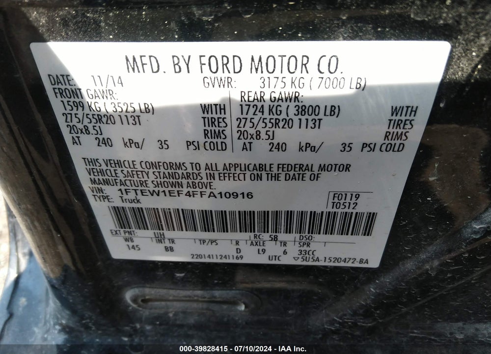 2015 FORD F-150 PLATINUM VIN: 1FTEW1EF4FFA10916