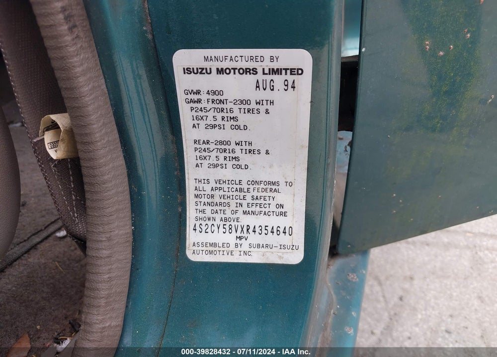 1994 ISUZU RODEO S/LS VIN: 4S2CY58VXR4354640