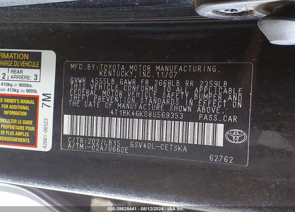 2008 TOYOTA CAMRY SE V6 VIN: 4T1BK46K08U569353