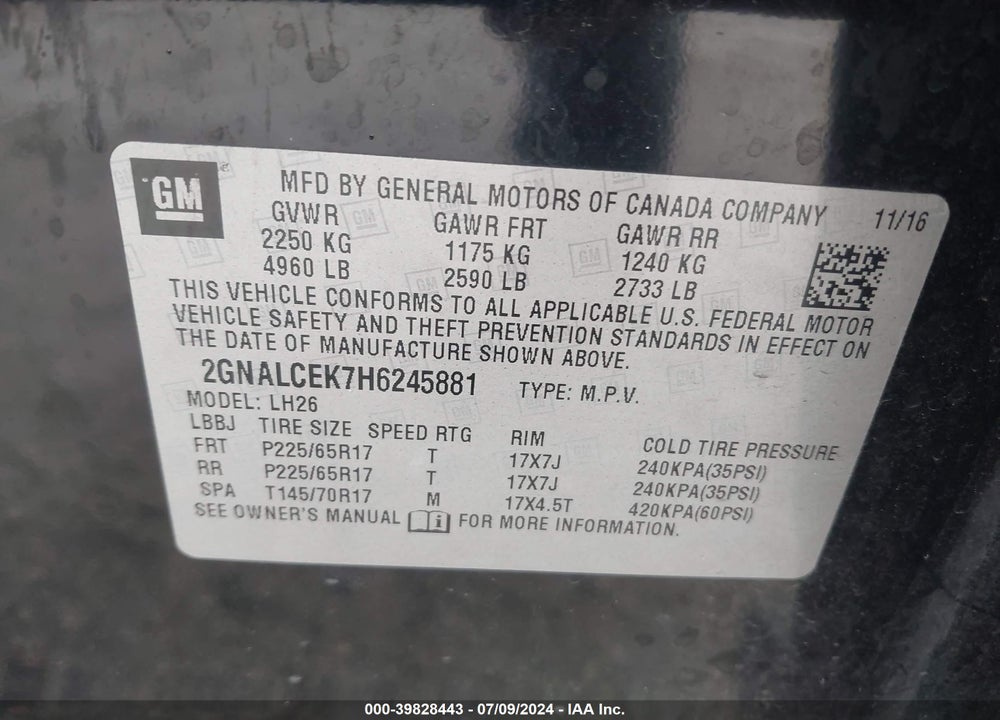 2017 CHEVROLET EQUINOX LT VIN: 2GNALCEK7H6245881