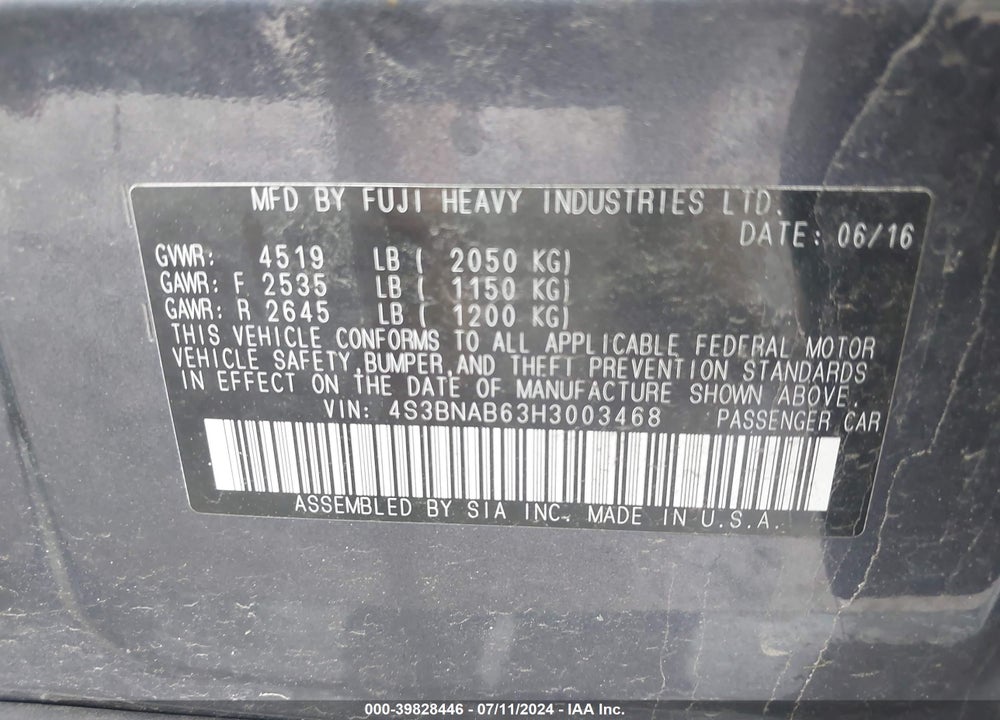 2017 SUBARU LEGACY VIN: 4S3BNAB63H3003468
