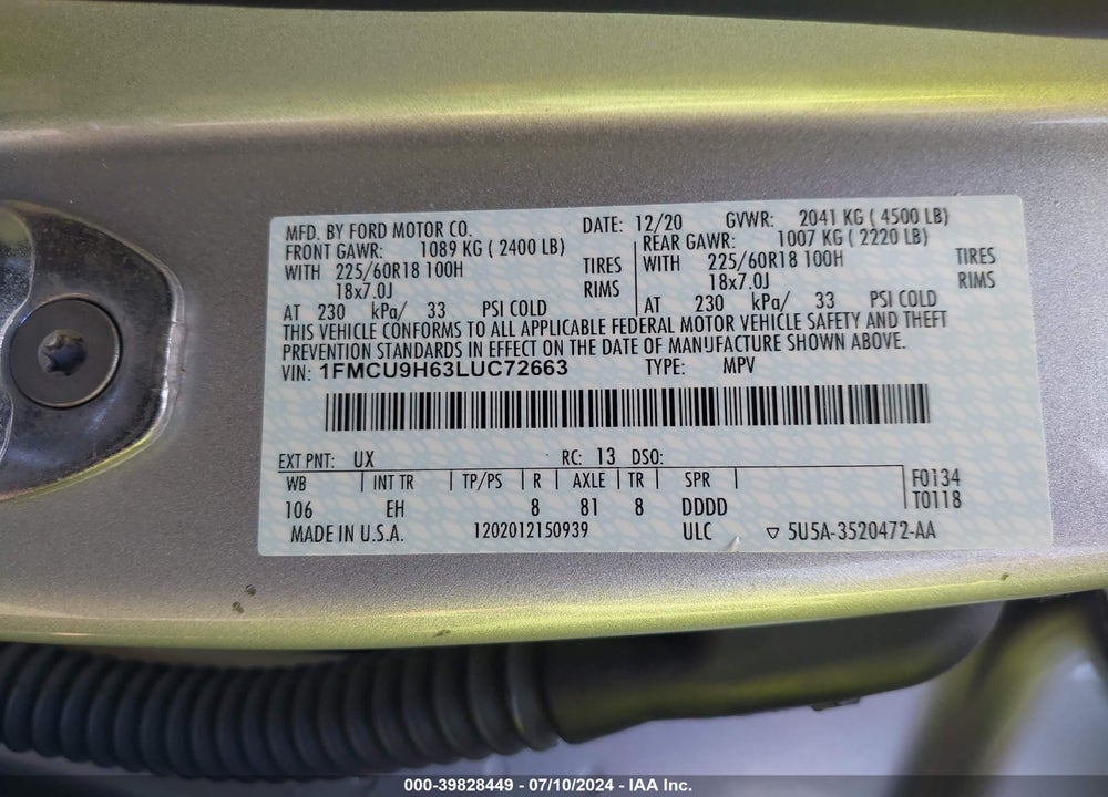 2020 FORD ESCAPE SEL VIN: 1FMCU9H63LUC72663