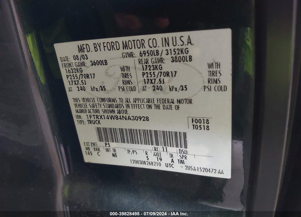 2004 FORD F-150 STX/XL/XLT VIN: 1FTRX14W84NA30928