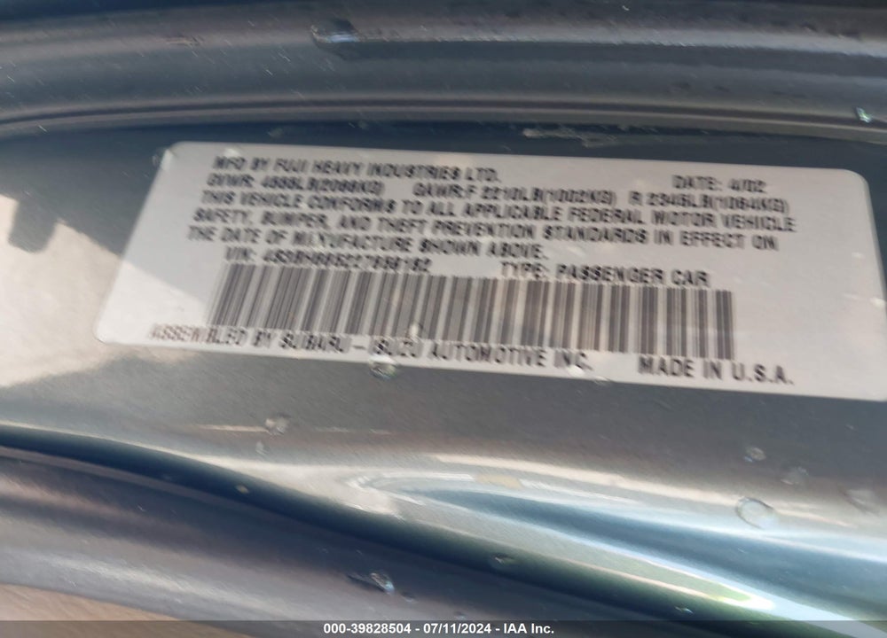 2002 SUBARU OUTBACK VIN: 4S3BH665227659182