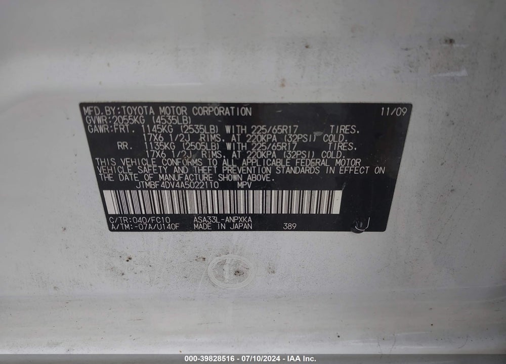 2010 TOYOTA RAV4 VIN: JTMBF4DV4A5022110