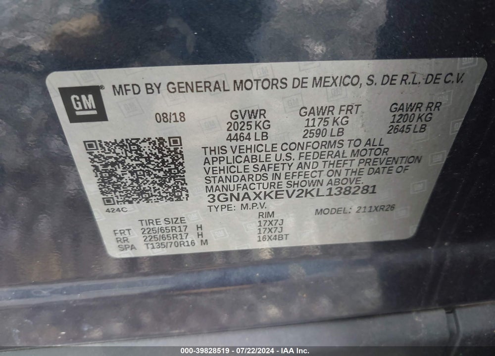 2019 CHEVROLET EQUINOX LT VIN: 3GNAXKEV2KL138281