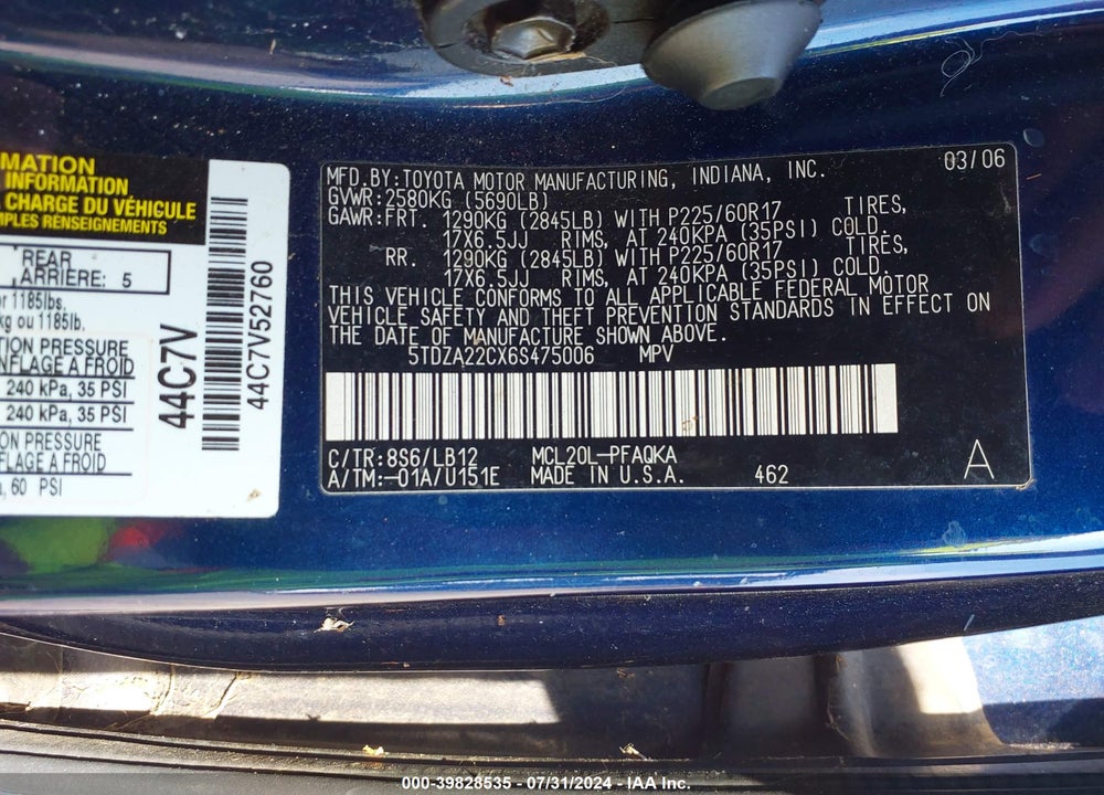 2006 TOYOTA SIENNA XLE VIN: 5TDZA22CX6S475006
