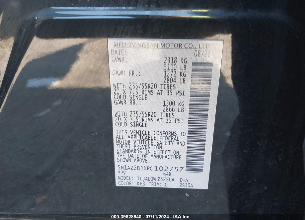 2023 NISSAN MURANO SV FWD VIN: 5N1AZ2BJ6PC102757