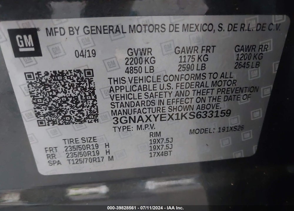 2019 CHEVROLET EQUINOX PREMIER VIN: 3GNAXYEX1KS633159