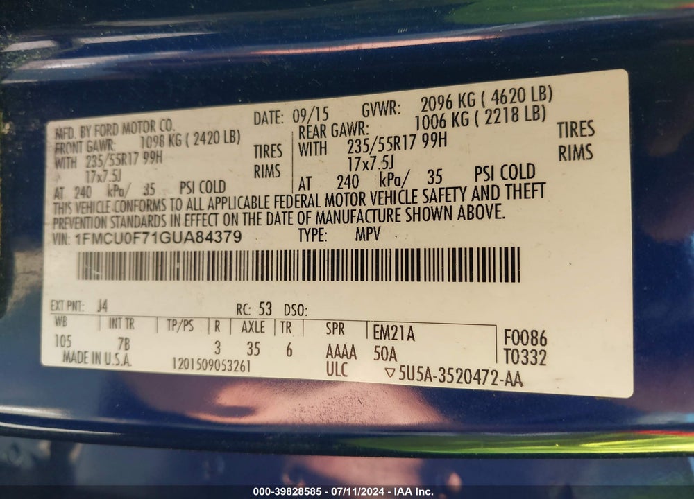 2016 FORD ESCAPE S VIN: 1FMCU0F71GUA84379