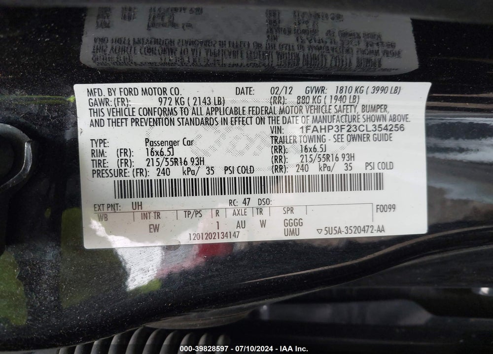 2012 FORD FOCUS SE VIN: 1FAHP3F23CL354256