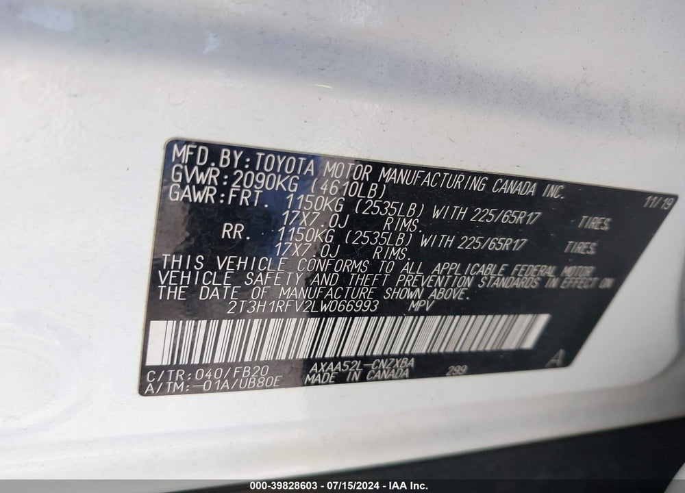 2020 TOYOTA RAV4 LE VIN: 2T3H1RFV2LW066993