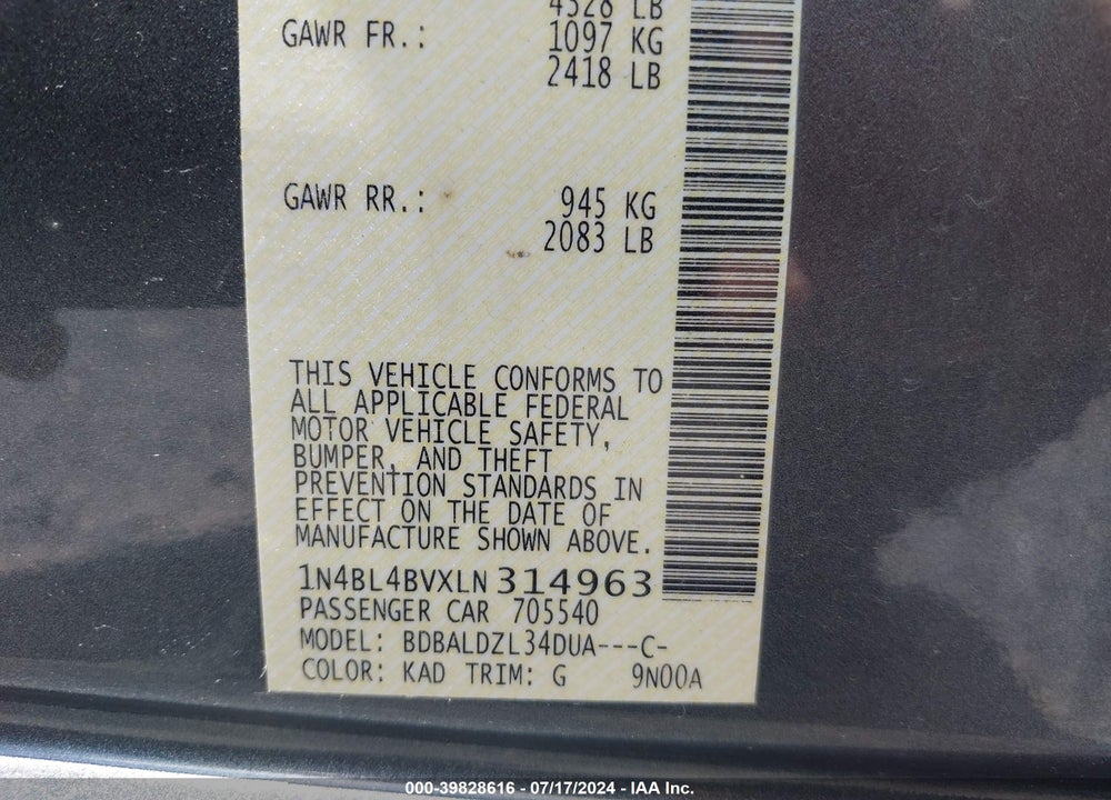 2020 NISSAN ALTIMA S FWD VIN: 1N4BL4BVXLN314963